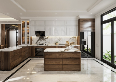 Tủ bếp gỗ tự nhiên có quầy bar