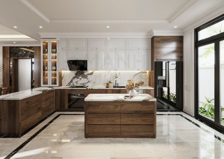 Tủ bếp gỗ tự nhiên có quầy bar